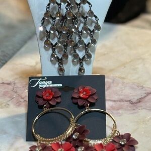Two Pack Earrings Red &Gold Floral & Gunmetal Dangles